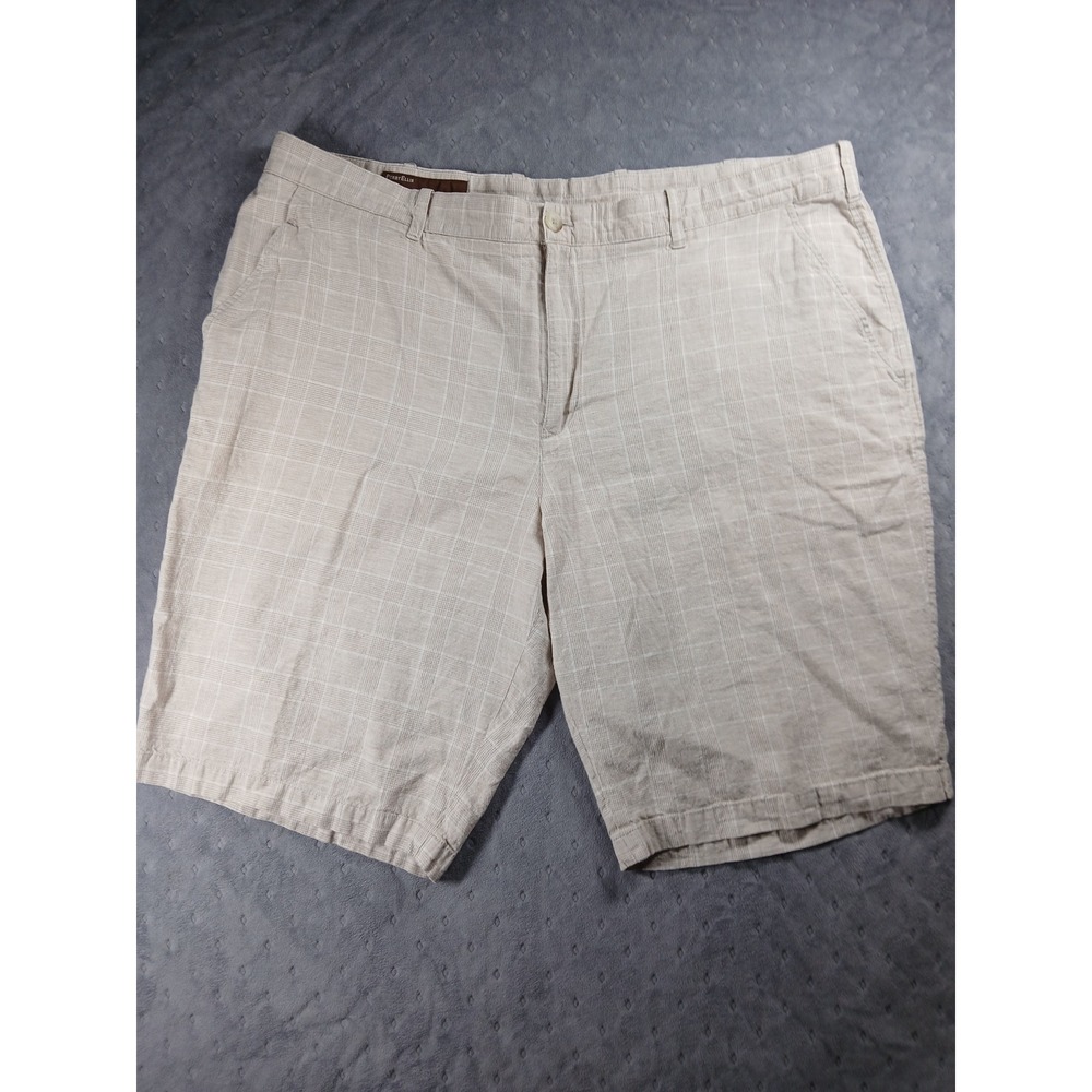 Perry Ellis Mens Plaid Linen Blend Shorts Tan White Size 42 Flat Front Check